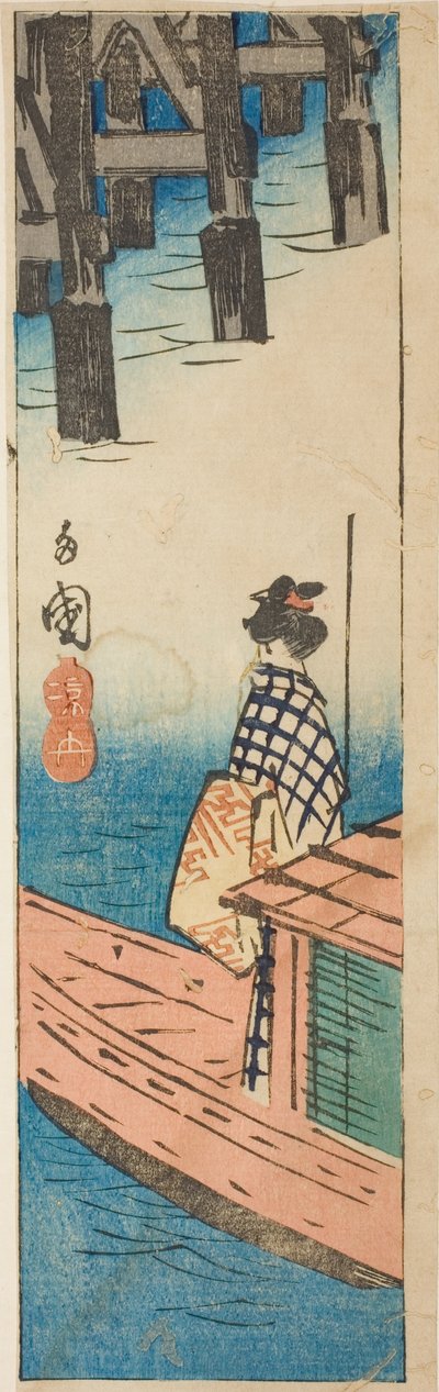 Výletní loď na mostě Ryogoku (Ryogoku suzumibune), část listu ze série "Vystřihovánky slavných míst v Edo (Harimaze Koto meisho)" od Utagawa Hiroshige