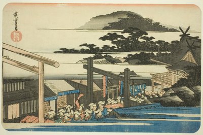 Okrsky svatyně Shiba Shinmei (Shiba Shinmei keidai), ze série „Slavná místa ve východním hlavním městě (Toto meisho)“ od Utagawa Hiroshige