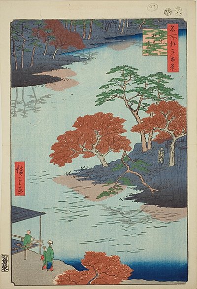 Předobrazy svatyně Akiba, Ukedži (Ukedži Akiba no keidai), č. 91 ze série "Sto slavných pohledů na Edo (Meisho Edo hyakkei)". od Utagawa Hiroshige
