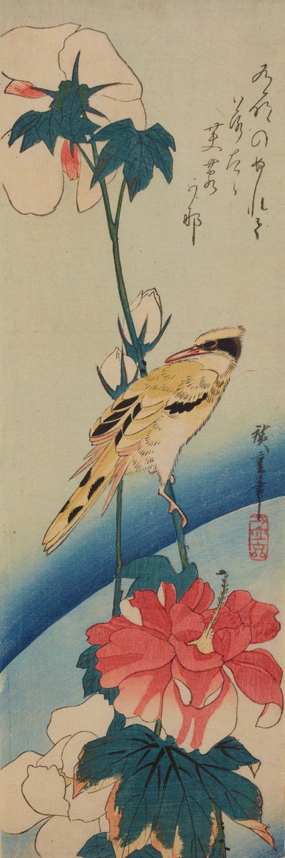 Vogel (Gelber Zimtkopf) auf einem Ast der Chinesischen Rose / Fuyo-ni koraiuguisu od Utagawa Hiroshige