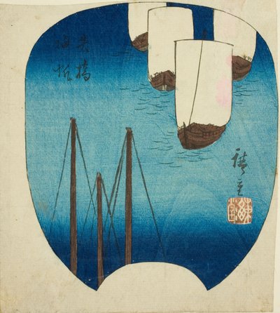 Vracející se plachty na Yabase (Yabase kihan), část listu ze série „Osm pohledů na Omi (Omi hakkei)“ od Utagawa Hiroshige