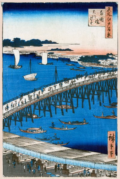 Břeh řeky u mostu Ryogoku Sto slavných pohledů na Edo, 1856-1858. od Utagawa Hiroshige