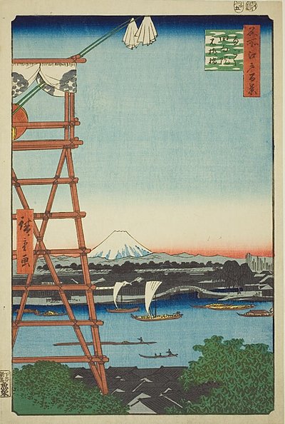 Rjógoku Ekoin a most Moto-Janagi (Rjógoku Ekoin Moto-Janagibashi), č. 5 ze série "Sto slavných pohledů na Edo (Meišó Edo hjakkei)". od Utagawa Hiroshige