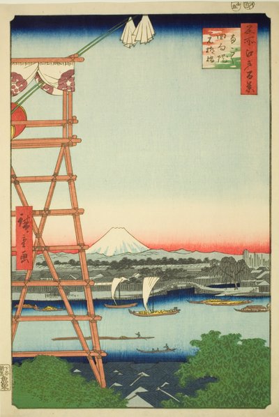 Myšlenka eko-člena Rokoku d Yuan Yanagi Bridge (eko-člen Rokoku Yuan Yanagibashi), ze seriálu „Výhledy z hřebenů na Edo (Sto slavných pohledů na Edo)“ od Utagawa Hiroshige