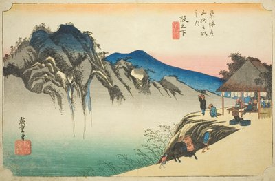 Sakanoshita: Vrchol hory Fudesute (Sakanoshita, důl Fudesute), ze série "Padesát tři stanic Tokaida (Tokaido gojusan tsugi no uchi)", také známý jako Hoeido Tokaido od Utagawa Hiroshige