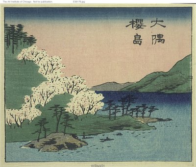 Ostrov Sakura a provincie Osumi (Osumi Sakurajima, část listu č. 18 ze série "Vystřižené obrázky provincií (Kunizukushi harimaze zue)" od Utagawa Hiroshige