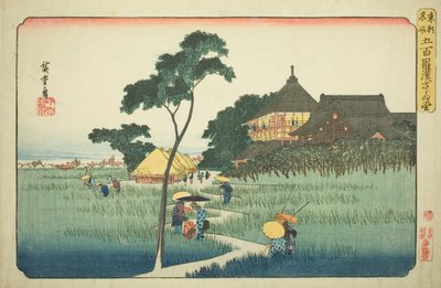 Sazai Hall v Chrámu pěti set Arhatů (Gohyaku rakan Sazaido), ze série „Slavná místa ve východním hlavním městě (Toto meisho)“ od Utagawa Hiroshige