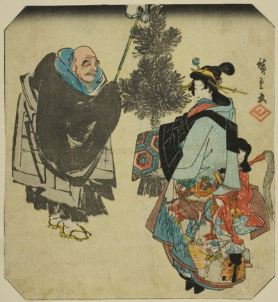 Seki: Kněz Ikkyu a pekelná kurtizána, ze série "Padesát tři párů pro Tokaidskou cestu (Tokaido gojusan tsui)" od Utagawa Hiroshige