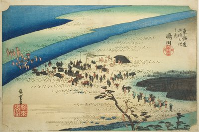 Shimada: The Suruga Bank of the Oi River (Shimada, Oigawa Sungan), ze série „Padesát tři stanic tokaidské silnice (Tokaido gojusan tsugi no uchi), také známé jako Hoeido Tokaido od Utagawa Hiroshige