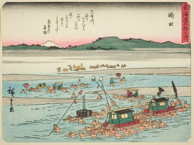 Shimada, ze série "Padesát tři stanic Tokaida (Tokaido gojusan tsugi)," také známé jako Tokaido s básní (Kyoka iri Tokaido) od Utagawa Hiroshige
