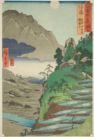 Provincie Shinano: Měsíc se odráží v rýžových polích Sarashina poblíž hory Kyodai (Shinano, Sarashina tagoto no tsuki, Kyodaisan), ze série „Slavná místa v šedesáti lichých provinciích (Rokujuyoshu meisho zue)“ od Utagawa Hiroshige