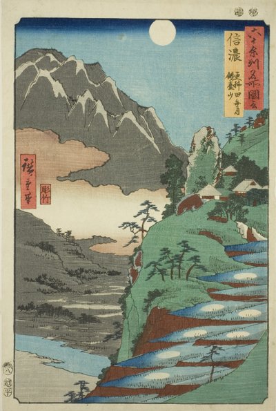 Provincie Shinano: Měsíc se odráží v rýžových polích Sarashina poblíž hory Kyodai (Shinano, Sarashina tagoto no tsuki, Kyodaisan), ze série „Slavná místa v šedesáti lichých provinciích (Rokujuyoshu meisho zue)“ od Utagawa Hiroshige