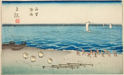 Shirosato Beach in Kazusa Province (Kazusa Shirosato kaihin), section of sheet no. 7 from the series "Cutout Pictures of the Provinces (Kunizukushi harimaze zue)" od Utagawa Hiroshige