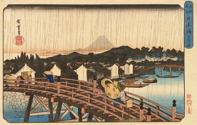 Sprcha na mostě Nihonbashi, 1832-34 (barevný dřevěný tisk) od Utagawa Hiroshige