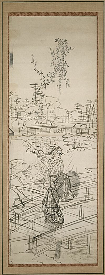 Skica ženy přecházející most od Utagawa Hiroshige