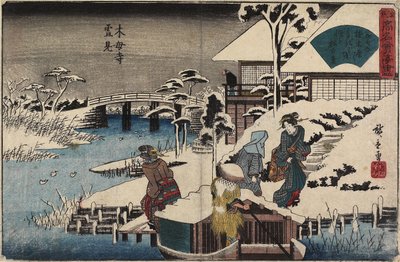 Sněhová scéna v chrámu Mokubo-ji a restauraci Uekiya, c. 1835-1842 od Utagawa Hiroshige