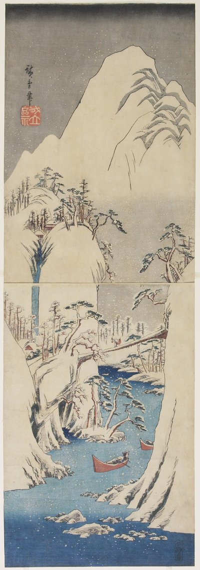 Sněhová scéna u řeky Fuji, c. 1842 od Utagawa Hiroshige