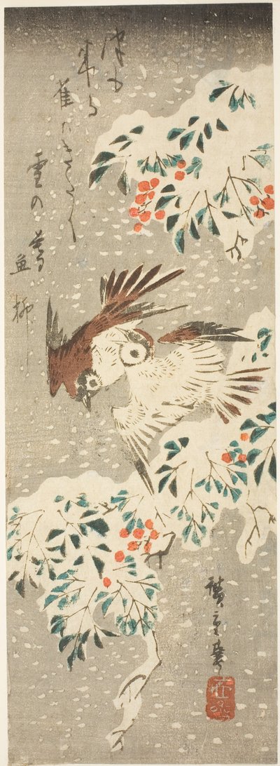 Vrabci poletují po zasněžené Nandině a padá další sníh od Utagawa Hiroshige