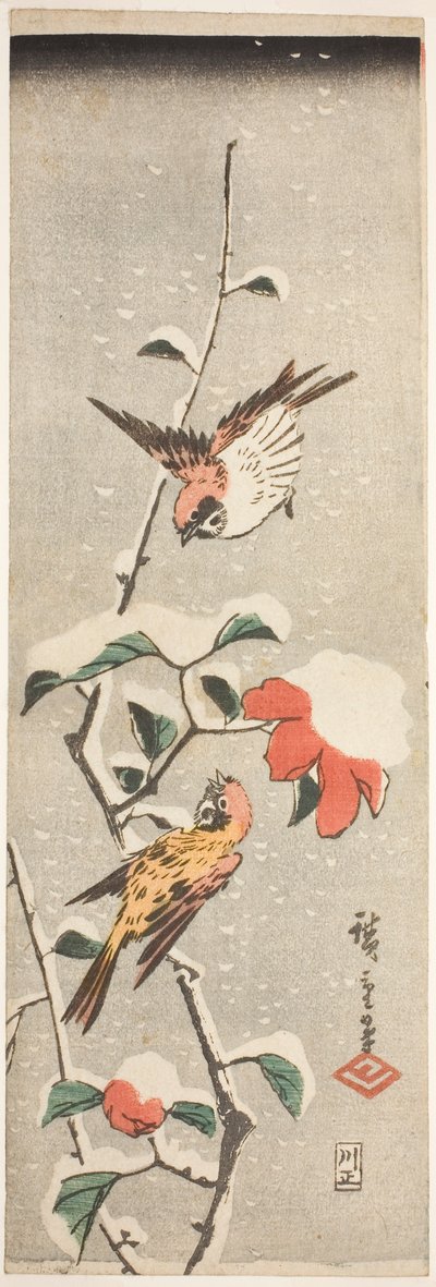 Vrabci a kamélie ve sněhu od Utagawa Hiroshige