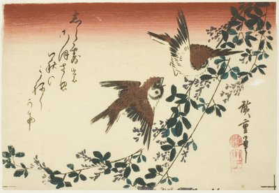 Vrabci a jetel keř od Utagawa Hiroshige