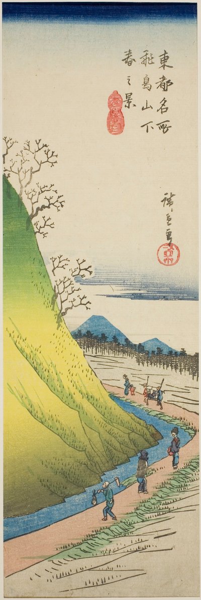 Jarní pohled z úpatí kopce Asuka (Asukayama shita haru no kei), ze série "Slavné pohledy na východní hlavní město (Toto meisho)" od Utagawa Hiroshige