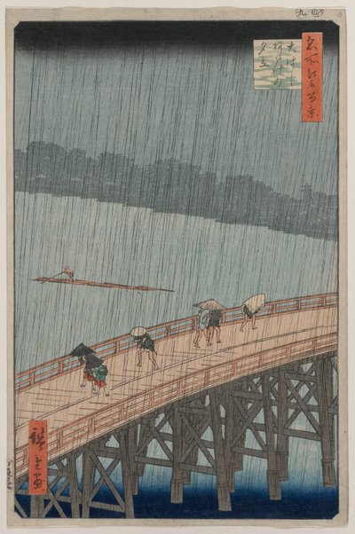 Náhlá sprcha přes most Shin-Ohashi a Atake, ze série Sto slavných pohledů na Edo od Utagawa Hiroshige