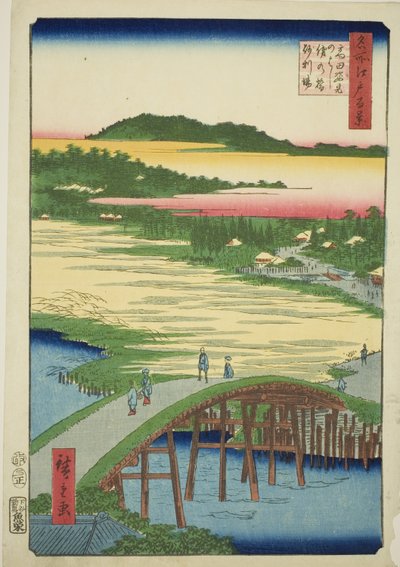 Most Sugatami, most Omokage a štěrková jáma v Takata (Takata Sugataminohashi Omokagenohashi jariba), ze série „Sto slavných pohledů na Edo (Meisho Edo hyakkei)“ od Utagawa Hiroshige