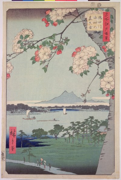 Suigin Grove a Masaki, na řece Sumida, ze „Sto slavných pohledů na Edo (Tokio)“, 1856 od Utagawa Hiroshige