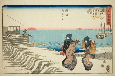 Východ slunce na Nový rok v restauraci Musashiya v Susaki (Susaki hatsu hinode, Musashiya), ze série "Slavné restaurace Eda (Edo komei kaitei zukushi)". od Utagawa Hiroshige