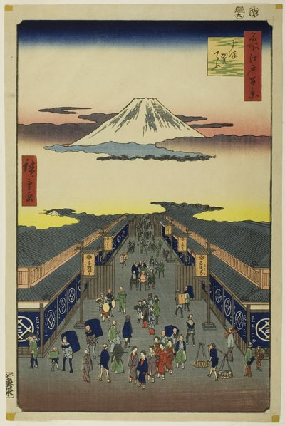 Surugačo, ze série "Sto slavných pohledů na Edo (Meisho Edo hyakkei)" od Utagawa Hiroshige