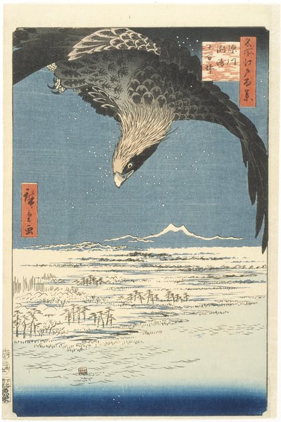 Susaki a planina Jmantsubo poblíž Fukagawy ze série Sto slavných pohledů na Edo, 1857 (barevný dřevotisk) od Utagawa Hiroshige