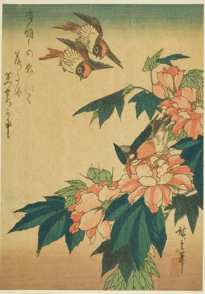 Vlaštovky, ledňáček říční a ibišek od Utagawa Hiroshige