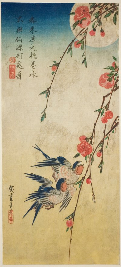 Vlaštovky, pleach květy a úplněk od Utagawa Hiroshige