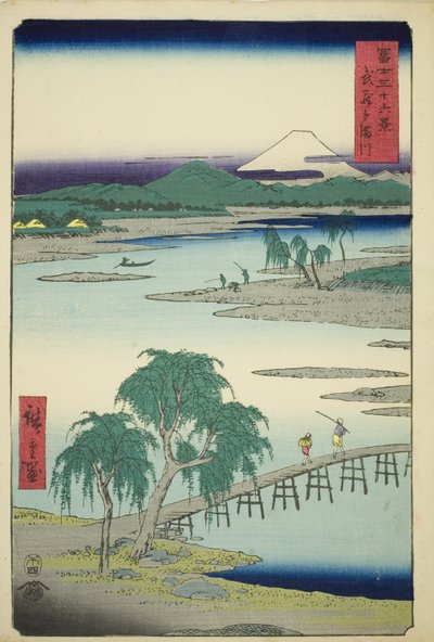Řeka Tama v provincii Musashi (Musashi Tamagawa), ze série „Třicet šest pohledů na horu Fuji (Fuji sanjurokkei)“ od Utagawa Hiroshige