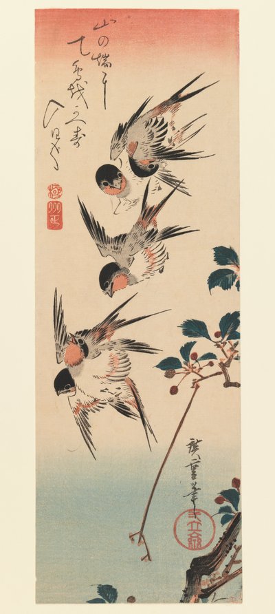 Tanzaku, Four Swallows, 1832 (barevný dřevotisk) od Utagawa Hiroshige