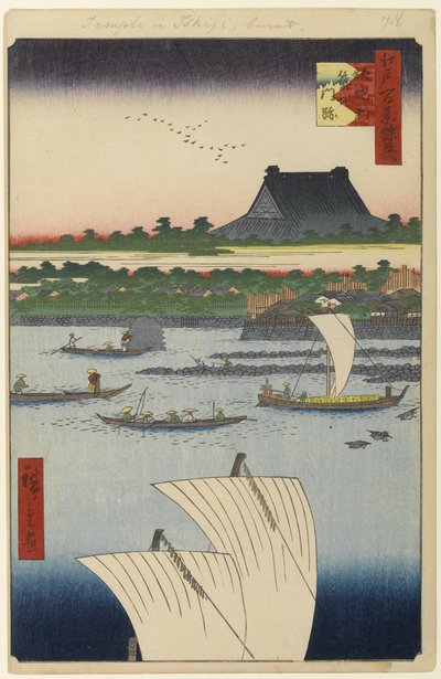 Chrám Teppozu a Tsukiji Honganji, č. 78 ze Sto slavných pohledů na Edo, 1858 (dřevotisk) od Utagawa Hiroshige
