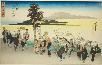Festival Ebisu desátého dne prvního měsíce v Imamiya (Imamiya Toka Ebisu), ze série „Slavné pohledy na Osaku (Naniwa meisho zue)“ od Utagawa Hiroshige