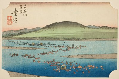 Vzdálený břeh řeky Oi v Kanaya (Oigawa engan, Kanaya), část listu č. 6 ze série "Vystřižené obrázky Tokaida (Tokaido harimaze zue)" od Utagawa Hiroshige