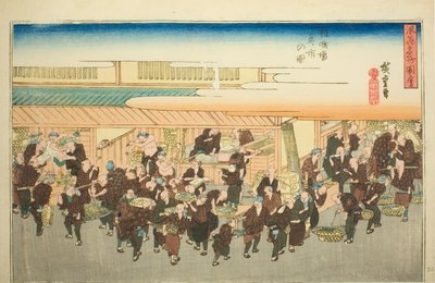 Dům na malém rybím poli (obrázek malého rybího pole Uoichi), ze série "Fa more view ws of osaka (Naniwa slavná mapa místa)" od Utagawa Hiroshige