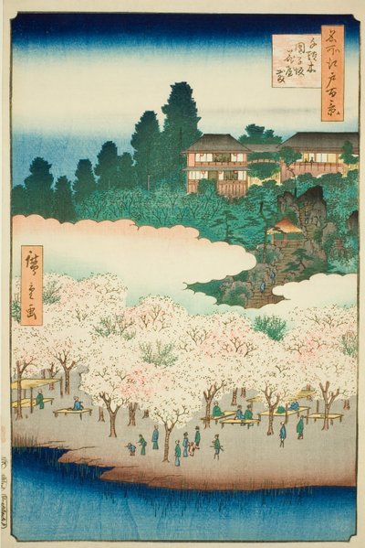 Květinový pavilon na svahu Dango, Sendagi (Sendagi Dangozaka Hanayashiki), č. 16 ze série "Sto slavných pohledů na Edo (Meisho Edo hyakkei)". od Utagawa Hiroshige