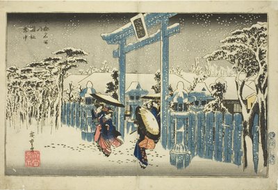 Svatyně Gion ve sněhu (Gionsha setchu), ze série „Slavná místa v Kjótu (Kyoto meisho no uchi)“ od Utagawa Hiroshige