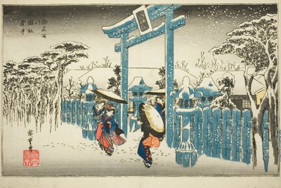 Svatyně Gion ve sněhu (Gionsha setchu), ze série "Slavná místa v Kjótu (Kyoto meisho no uchi)" od Utagawa Hiroshige