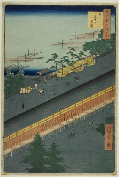 Síň třiatřiceti zálivů ve Fukagawě (Fukagawa Sanjusangendo), ze série "Sto slavných pohledů na Edo (Meisho Edo hyakkei)". od Utagawa Hiroshige