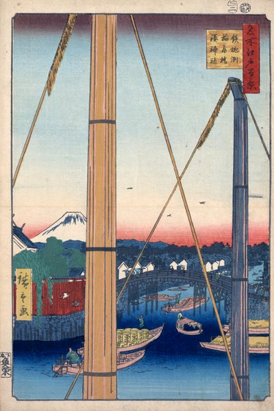 Přístavní svatyně a most Inari v Teppozu, Sto slavných pohledů na Edo, 1856-1858. od Utagawa Hiroshige