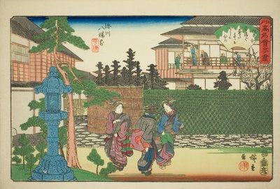 Restaurace Hirasei před svatyní Hachiman ve Fukagawa (Fukagawa Hachiman mae, Hirasei) ze série "Slavné restaurace Edo (Edo komei kaitei zukushi)" od Utagawa Hiroshige