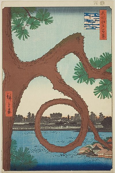 Měsíční borovice na chrámovém pozemku v Uenu (Ueno sannai Tsuki no matsu), ze série "Sto slavných pohledů na Edo (Meisho Edo hyakkei)". od Utagawa Hiroshige
