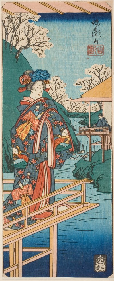 Horská scéna ze hry Imoseyama (Imoseyama, yama no dan), část listu ze série "Odrazy dramat ve vystřihovánkách (Harimaze joruri kagami)" od Utagawa Hiroshige