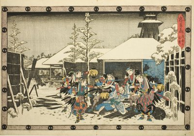 Noční útok, část 3: Mise splněna (Youchi san, honmo), ze série "Pomsta věrných zadržovatelů (Chushingura)" od Utagawa Hiroshige