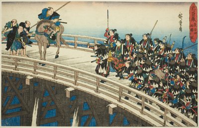 The Night Attack, Part 4 [sic; ve skutečnosti 5]: Ústup přes most Ryogoku (Youchi yon, Ryogoku hikitori), ze série "Pomsta věrných zadržovatelů (Chushingura)" od Utagawa Hiroshige