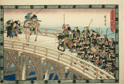 The Night Attack, Part 4 [sic; ve skutečnosti 5]: Ústup přes most Ryogoku (Youchi yon, Ryogoku hikitori), ze série "Pomsta věrných zadržovatelů (Chushingura)" od Utagawa Hiroshige